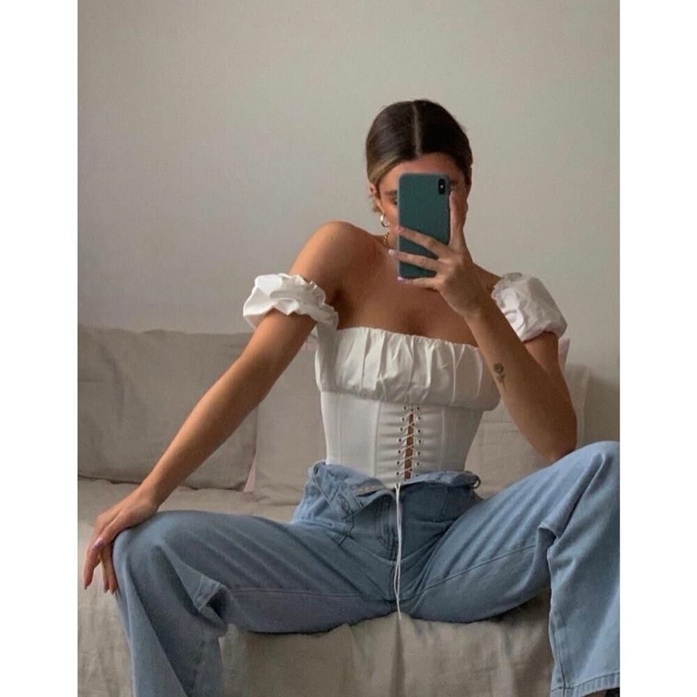 Misha Collection Aska Ruffle Peplum Top XS White  Cotton Blend Blouse